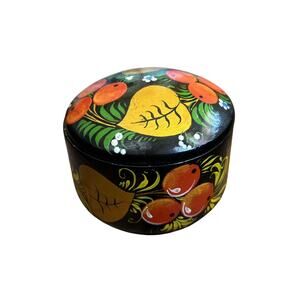 Vintage Black Russian Lacquer Round Trinket Box w/ Hand Painted Gold ToneAccents